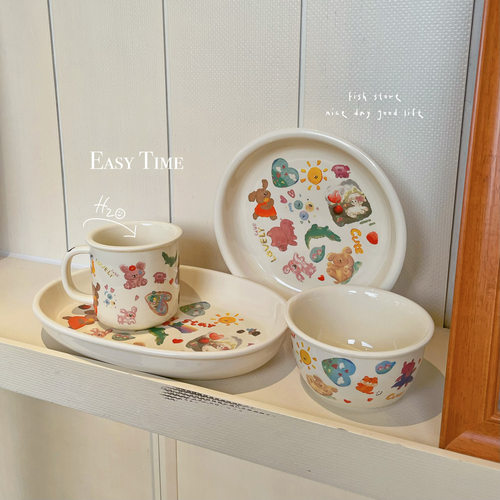 奶茶油画动物早餐盘饭碗