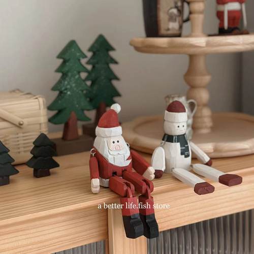 圣诞老人圣诞树手工木制长腿摆件