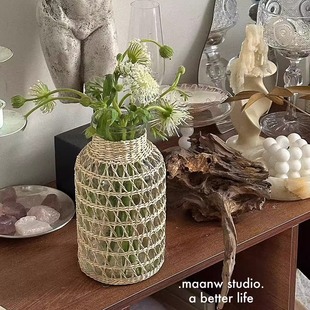 草编ins风花瓶客厅桌面直筒水培鲜花干花玻璃花器 store Fish