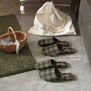 Fish 女秋冬新款 store 复古格子平底拖鞋 居家防滑保暖棉拖 日式