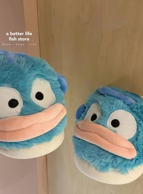 *Fish store*蓝色撅嘴鱼鱼防滑家居鞋包头休闲保暖毛毛情侣地板鞋