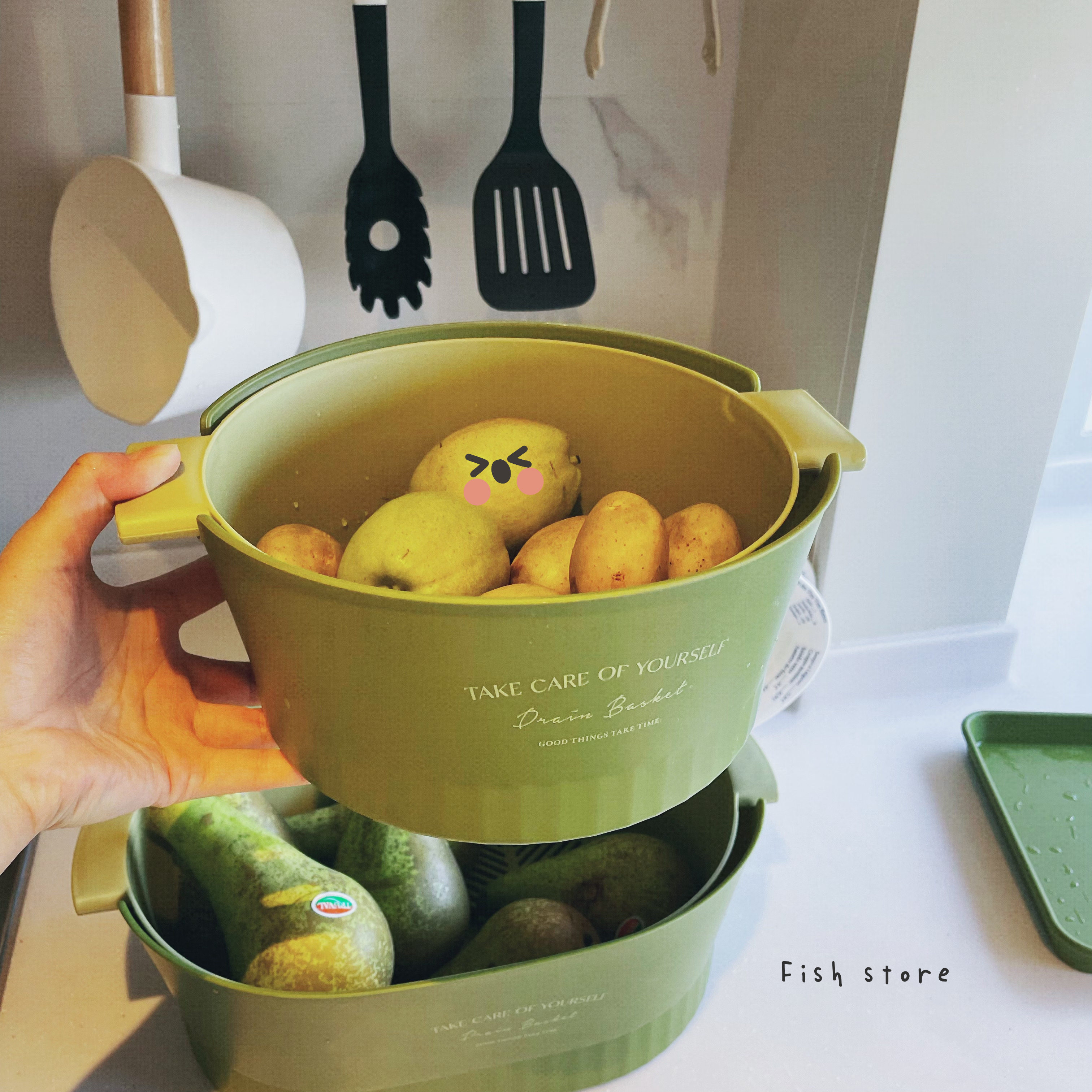 *Fish store*北欧抹茶栗棕厨房圆形椭圆双层果蔬沥水篮洗菜盆,家装主材,沥水篮,淘宝优惠券,粉丝福利购,淘宝优惠卷