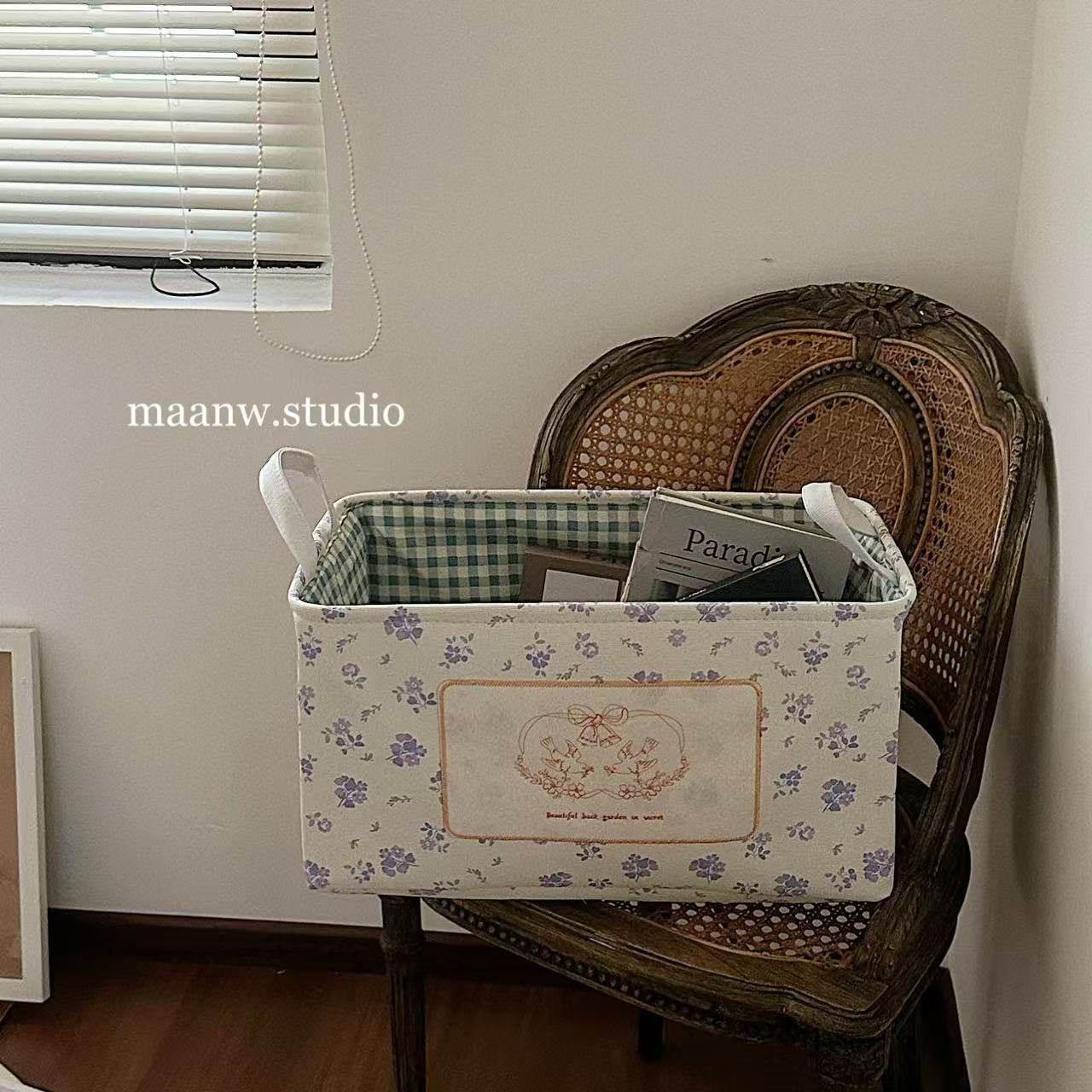 maanw 布艺刺绣收纳筐杂物零食玩具衣物整理筐束口防尘收纳桶