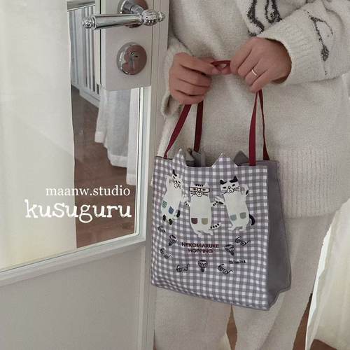 kusuguru清新小格子刺绣猫咪包