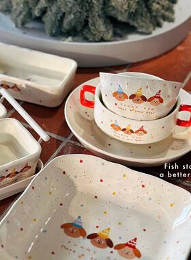 *Fish store*三只小狗波点陶瓷餐具小吃碟餐盘米饭碗分隔盘杯碟