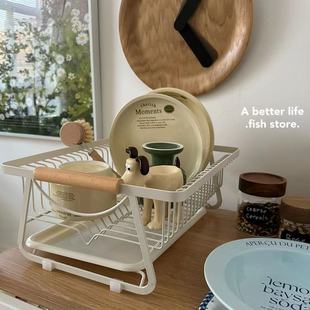 日式 store 简约白色碗盘杯子餐具收纳架铁艺木柄沥水控水架 Fish