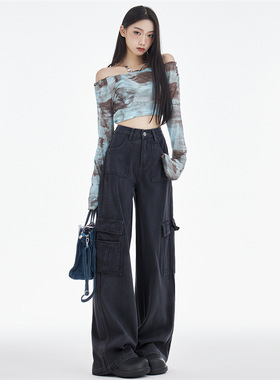 宽松休闲工装裤女水泥灰20234新款设计感大口袋美式拖地阔腿裤