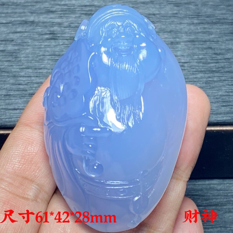天然土耳其蓝玉髓6A料玛瑙高冰高透财神手工雕刻件手把件挂件礼品