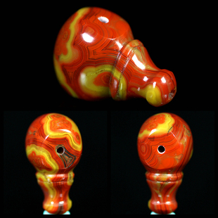 雨默北票战国红艳红黄老料缠丝一体三通佛头佛塔文玩佛珠念珠配饰