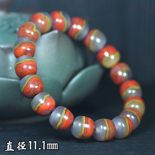 天然北票战国红玛瑙高冰飘艳红黄缠丝老料同料老型珠手钏手串手链