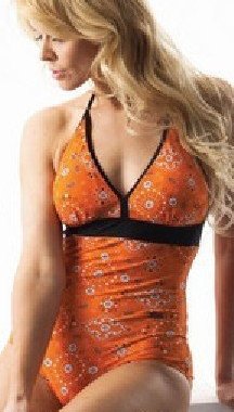 专柜正品橙色印花全内衬三角连体泳衣泳装温泉度假游泳显瘦