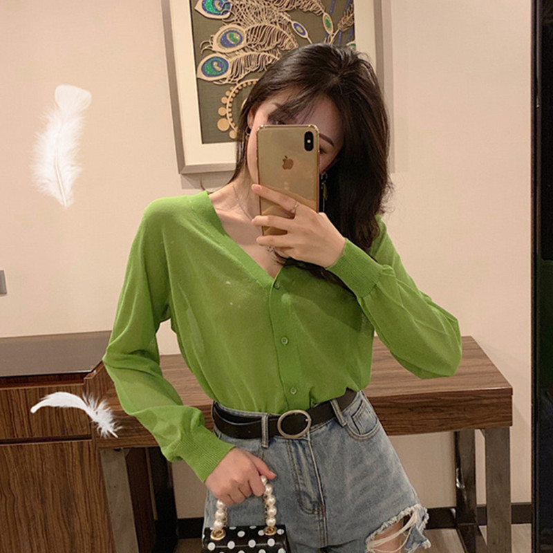 Real price with cardigan thin T-shirt women's long sleeve collar air conditioning shirt Matcha green sunscreen shirt