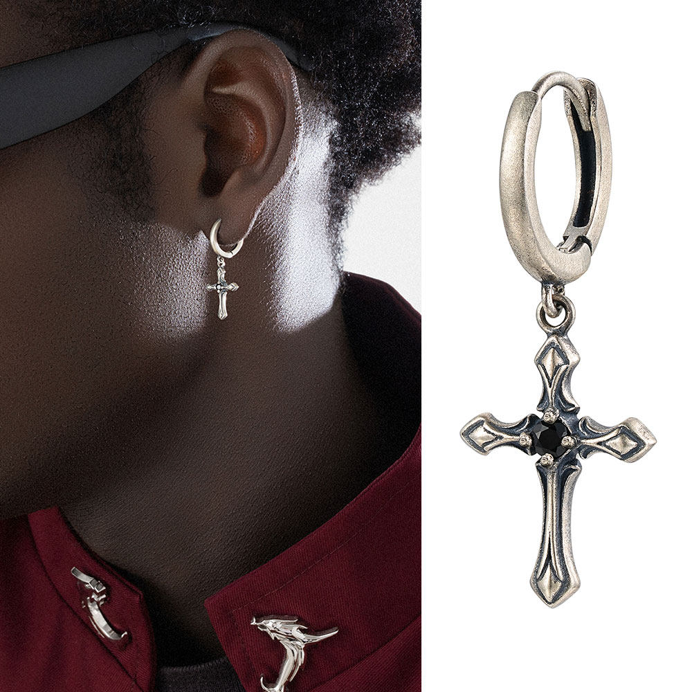 ACITY喜城925纯银黑钻十字架耳环