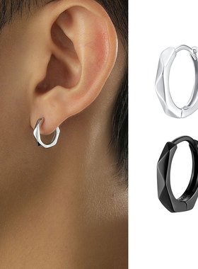 ACITY喜城925纯银光面素圈耳环男高级感切面黑色耳钉小众轻奢耳饰