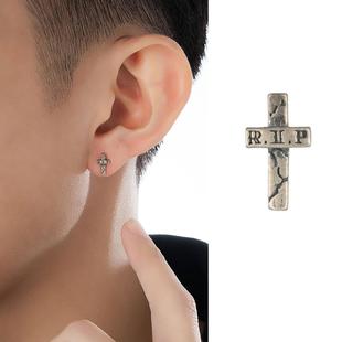 ACITY喜城925纯银欧美RIP十字架耳钉男女朋克风痞帅耳环嘻哈耳饰