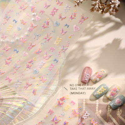 茉季粉色蝴蝶玻璃碎美甲贴纸防水指甲贴装饰贴花饰品蝴蝶结M1097