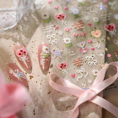 茉季春日爱心蝴蝶结花朵玻璃碎美甲贴纸防水指甲贴装饰饰品M1401