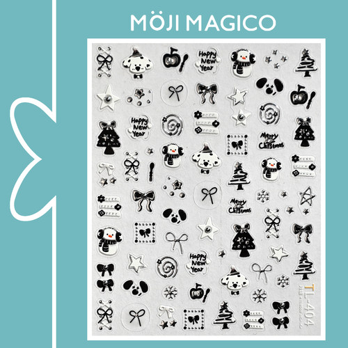 茉季圣诞节小狗蝴蝶结雪人银色珍珠美甲贴纸防水指甲贴饰品TL404