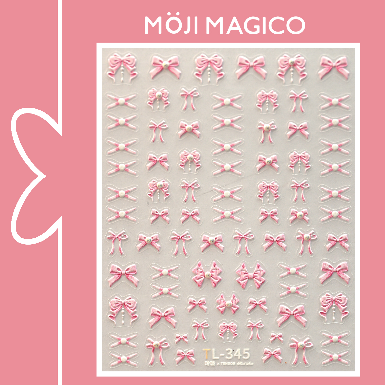 茉季点珍珠粉色蝴蝶结立体浮雕美甲贴纸防水指甲贴装饰饰品TL345