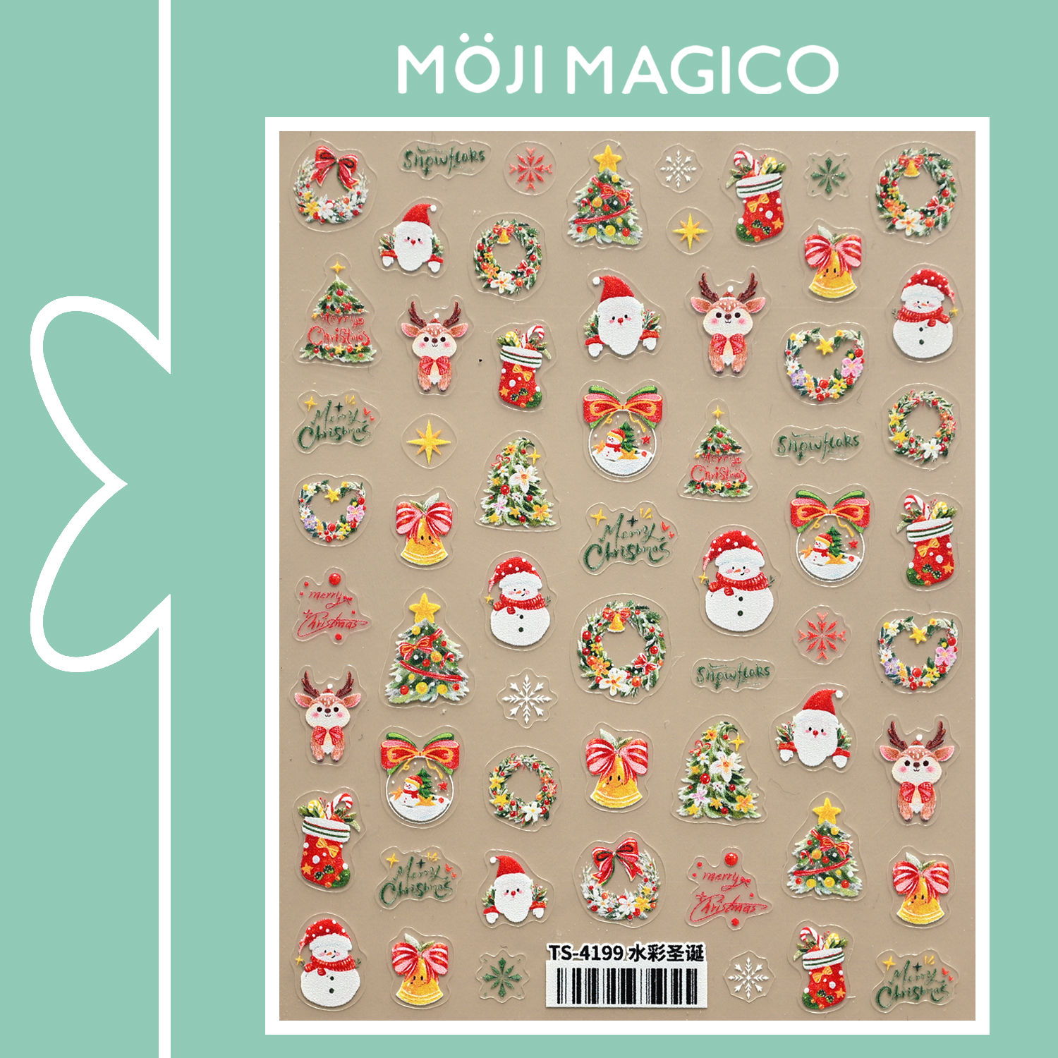 茉季水彩圣诞老人雪人平面美甲贴纸防水指甲贴装饰贴花饰品4199