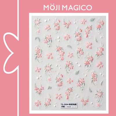 茉季刺绣海棠花朵立体浮雕美甲贴纸防水指甲贴装饰贴花饰品3904