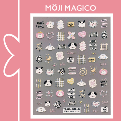 茉季可爱卡通狗狗爱心条纹立体浮雕美甲贴纸防水指甲贴装饰品4124