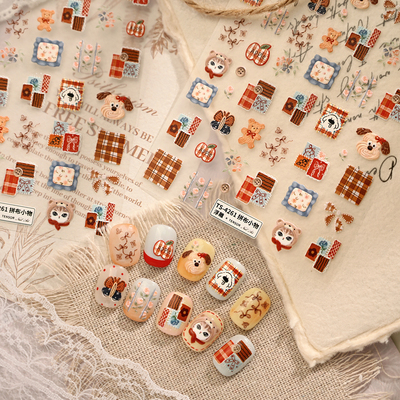 茉季花花小狗拼布蝴蝶立体浮雕美甲贴纸防水指甲贴装饰贴饰品4261