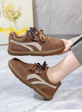 磨砂皮拼色系带德训鞋女24新款深口百搭复古平底圆头软面舒适单鞋
