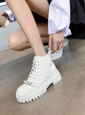 真皮厚底马丁靴女短靴春秋款时尚简约单靴链条款英伦风女靴清仓