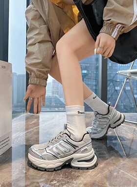 银灰色厚底老爹鞋女2025春季新款百搭复古显脚小运动休闲鞋