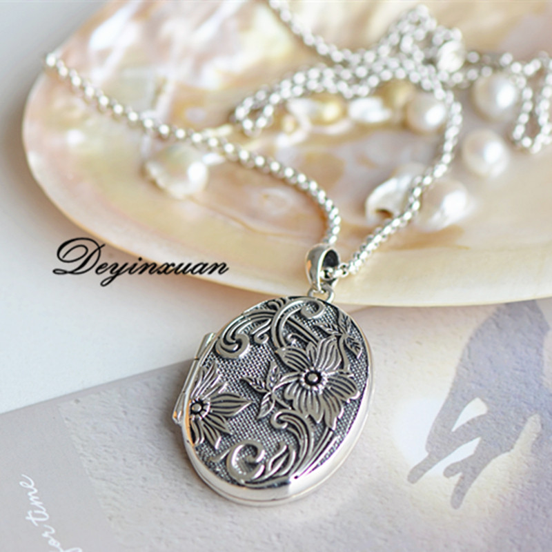 s925泰国纯银复古太阳花朵可打开空心照相片护身符嘎乌盒吊坠项链