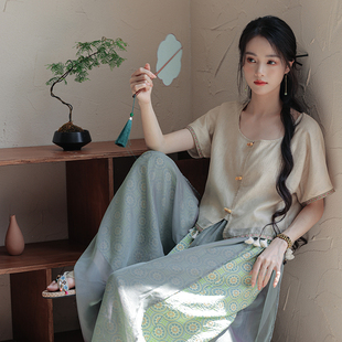 汉元素宋裤仙气阔腿裤短款上衣复古少女茶服套装显高显瘦国风汉服