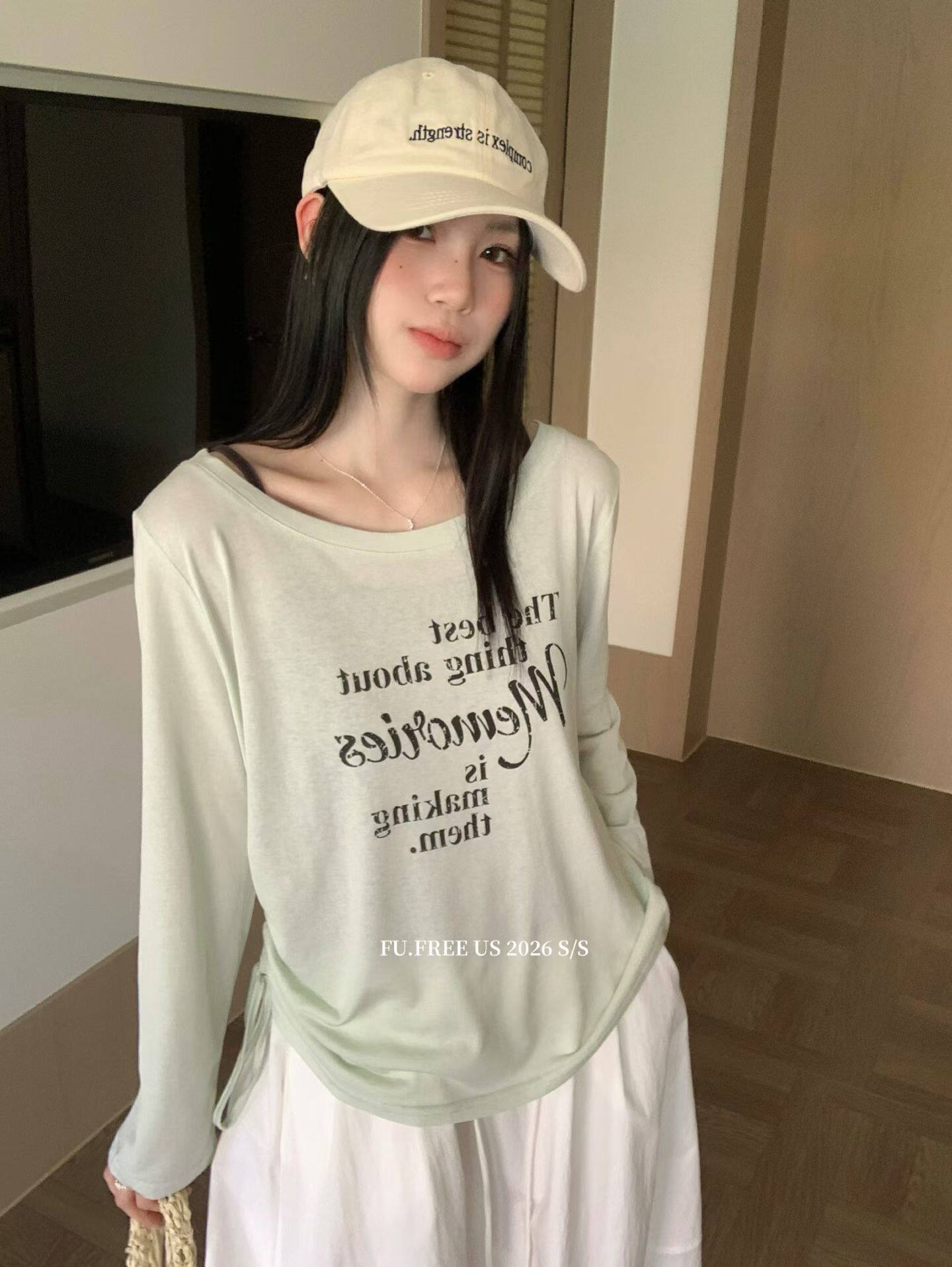 Fu FREE US韩系新款女显瘦圆领字母斜肩长袖T恤上衣防晒罩衫抽绳