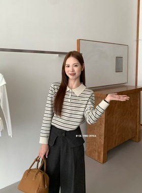 OKfine韩系2025秋新宽松显瘦条纹polo领长袖针织衫女打底上衣打底