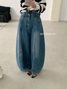 SKY秋款新款韩系宽松舒适透气百搭高腰弯刀裤水洗垂感显瘦牛仔裤