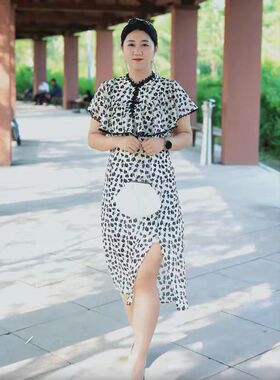 【入画】青春大码23年秋季白色印花显瘦荷叶边旗袍连衣裙91143