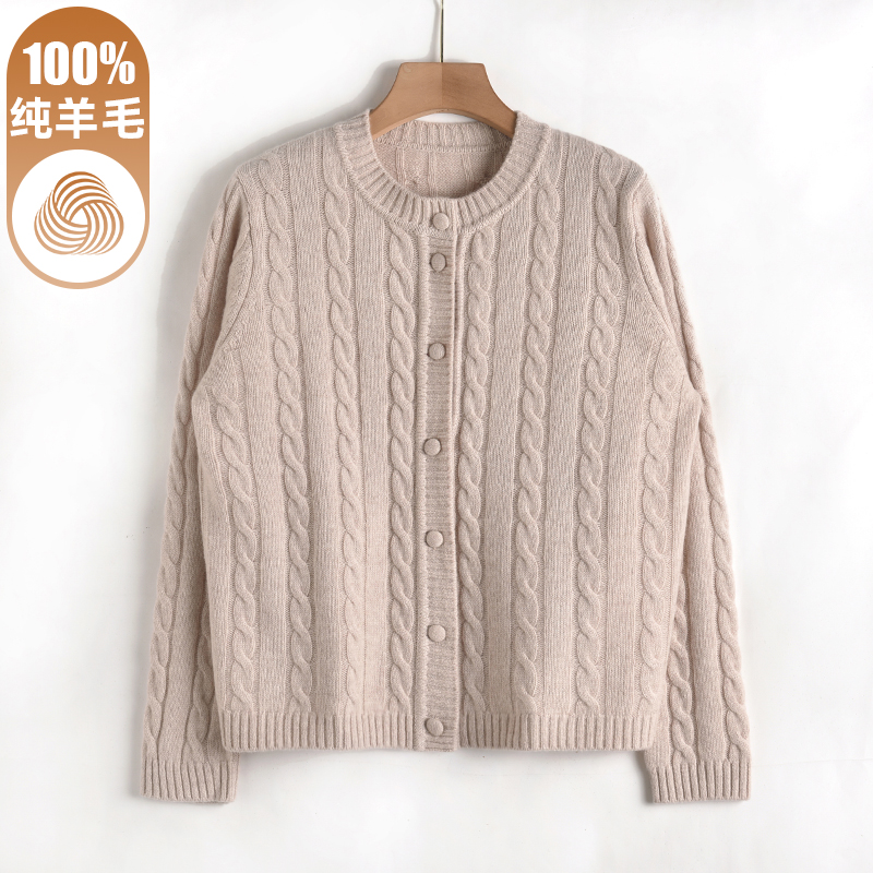 100%纯羊毛衫女圆领扭花毛衣