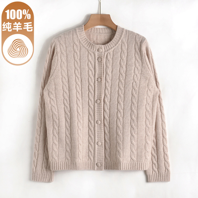 100%纯羊毛衫女圆领扭花毛衣