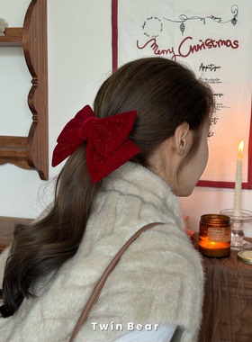 圣诞氛围~过节红色过年发饰亮闪闪蝴蝶结低马尾发夹高级感洋气