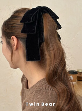 秋冬氛围感~亮闪闪丝绒三层飘带蝴蝶结香蕉夹马尾夹竖夹发饰头饰