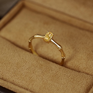 S925纯银竹节小方糖戒指女轻奢百搭小众黄水晶素圈开口活口可调节
