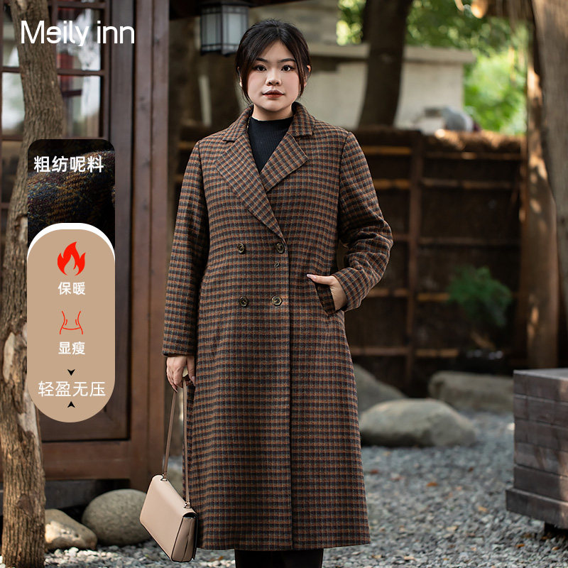 美丽客栈摩卡小镇毛呢外套女中长款秋冬复古优雅格纹大码西装大衣