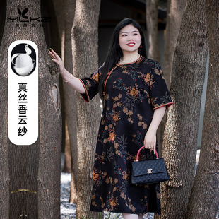 美丽客栈锦绣未央 连衣裙2025夏季新款胖妹妹复古印花真丝旗袍裙