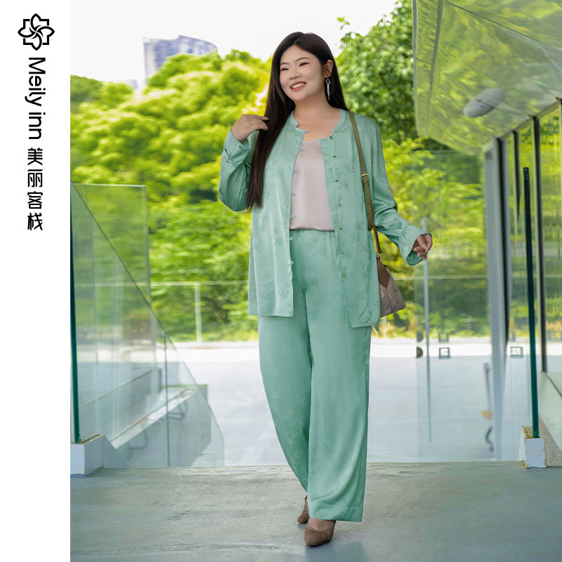 【慵懒】美丽客栈仿醋酸气质高级感衬衫大码胖mm宽松显瘦套装长裤