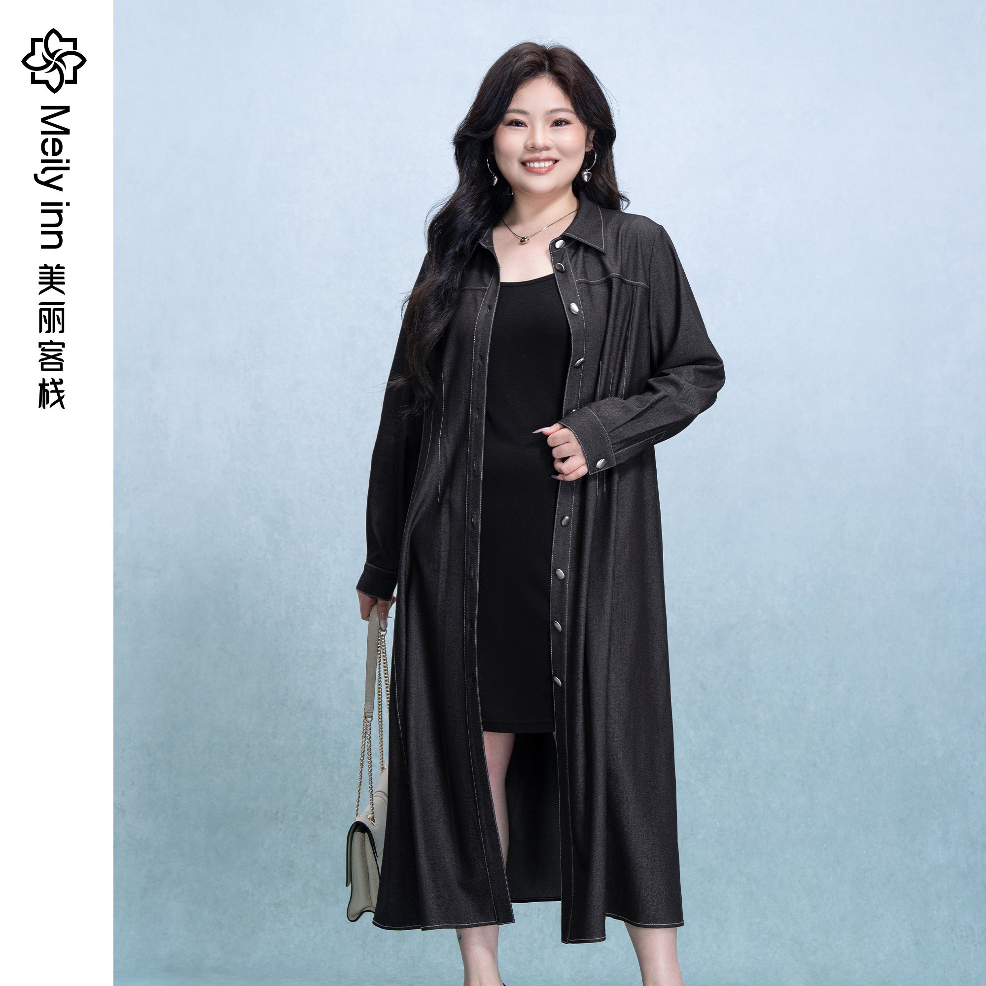 美丽客栈原创高端大码女装胖mm200斤加肥加大开襟牛仔衬衫连衣裙
