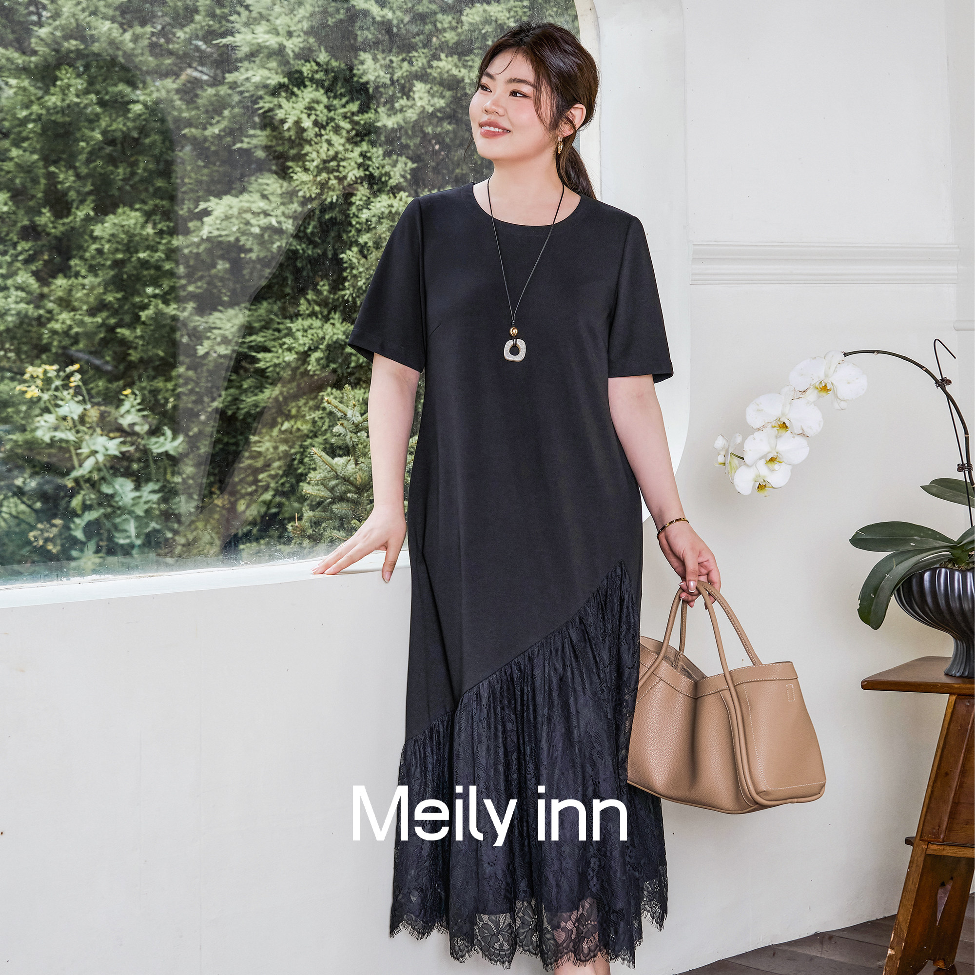 美丽客栈原创高端大码女装胖mm200斤加肥加大简约优雅蕾丝连衣裙