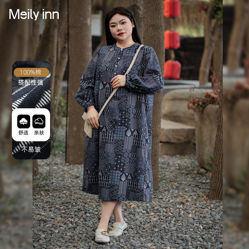 美丽客栈大码长袖连衣裙女