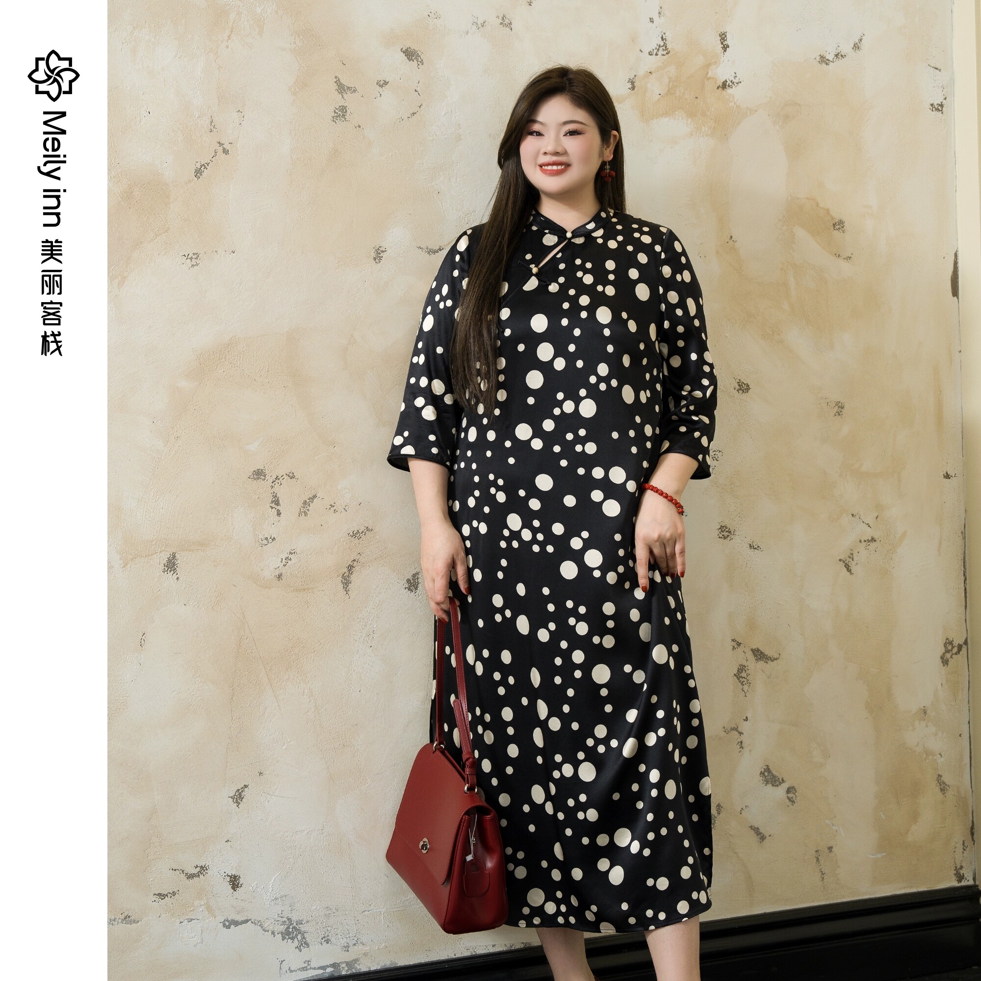 【抑菌】美丽客栈桑蚕丝波点立领改良旗袍连衣裙原创高端大码女装
