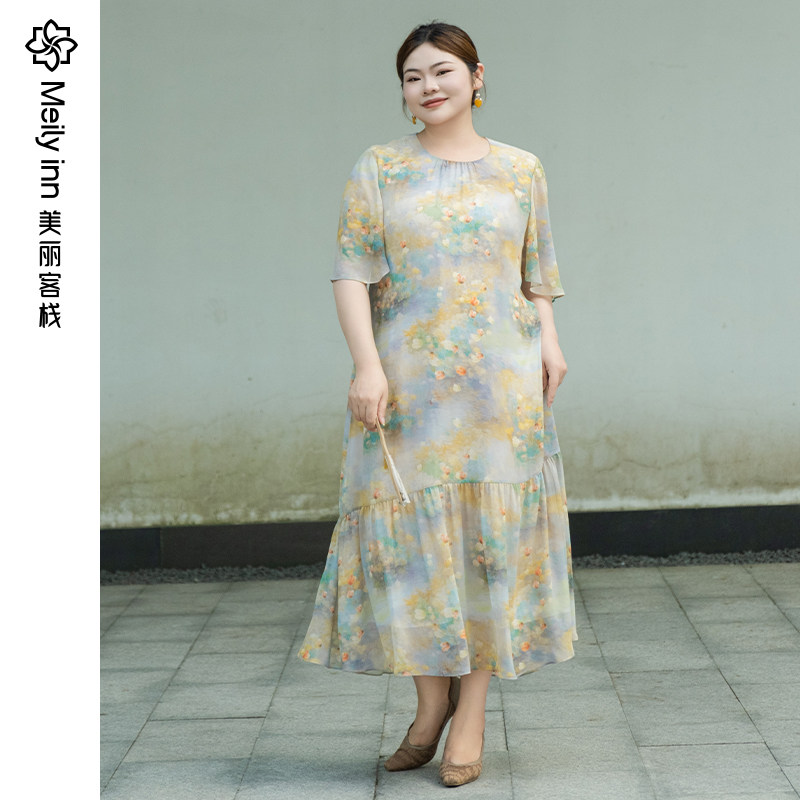 莫奈之夏美丽客栈油画感连衣裙夏季大码女大码冬季女士高腰连衣裙