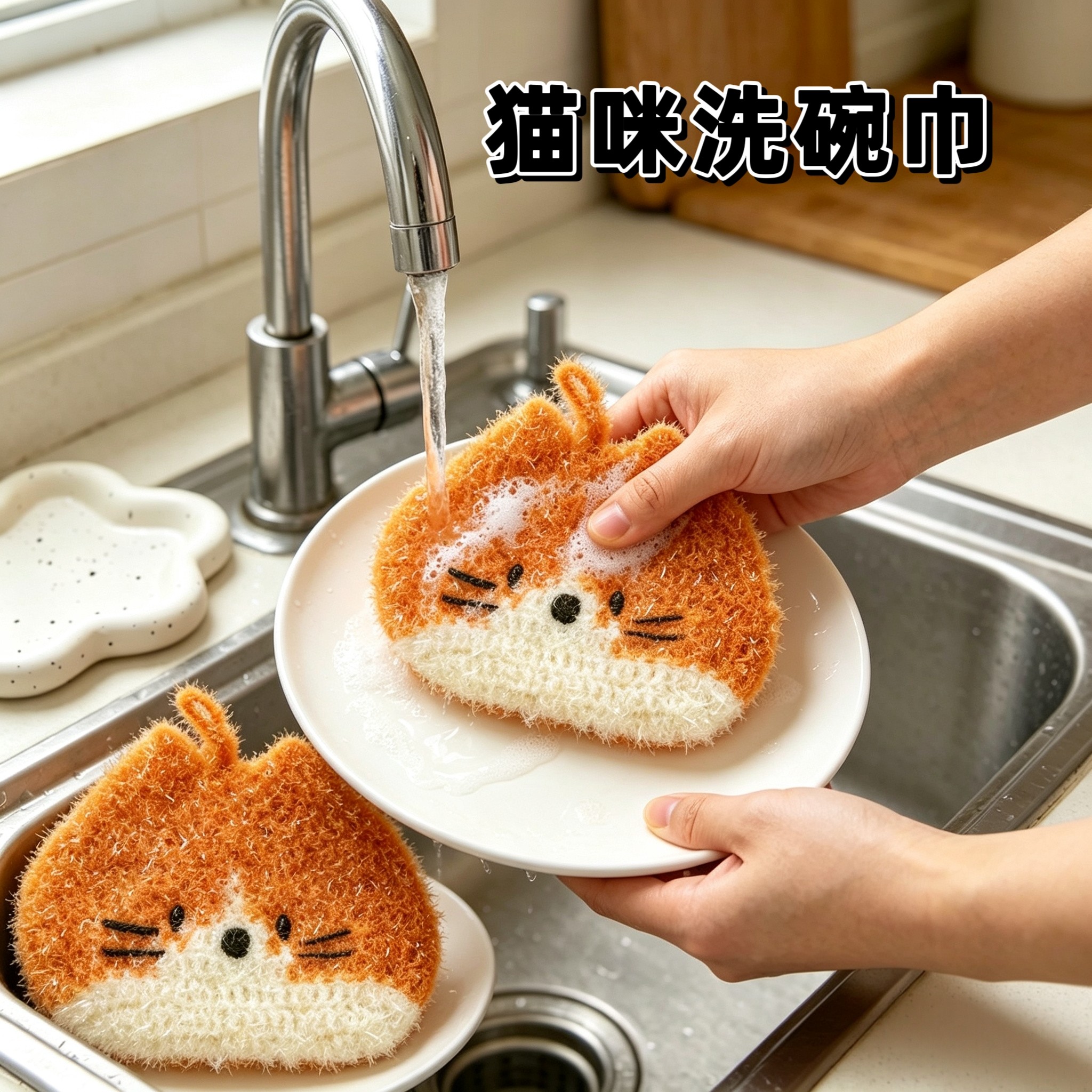 创意手工钩织小猫咪洗碗巾